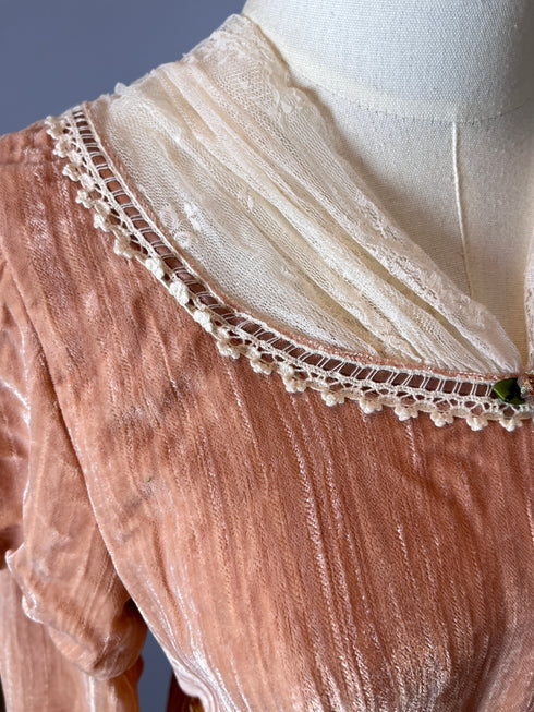 Pink Regency Era Dress with Satin Belt - Long Sleeves Velvet Dress with Lace - Regency Dress Plus Size
